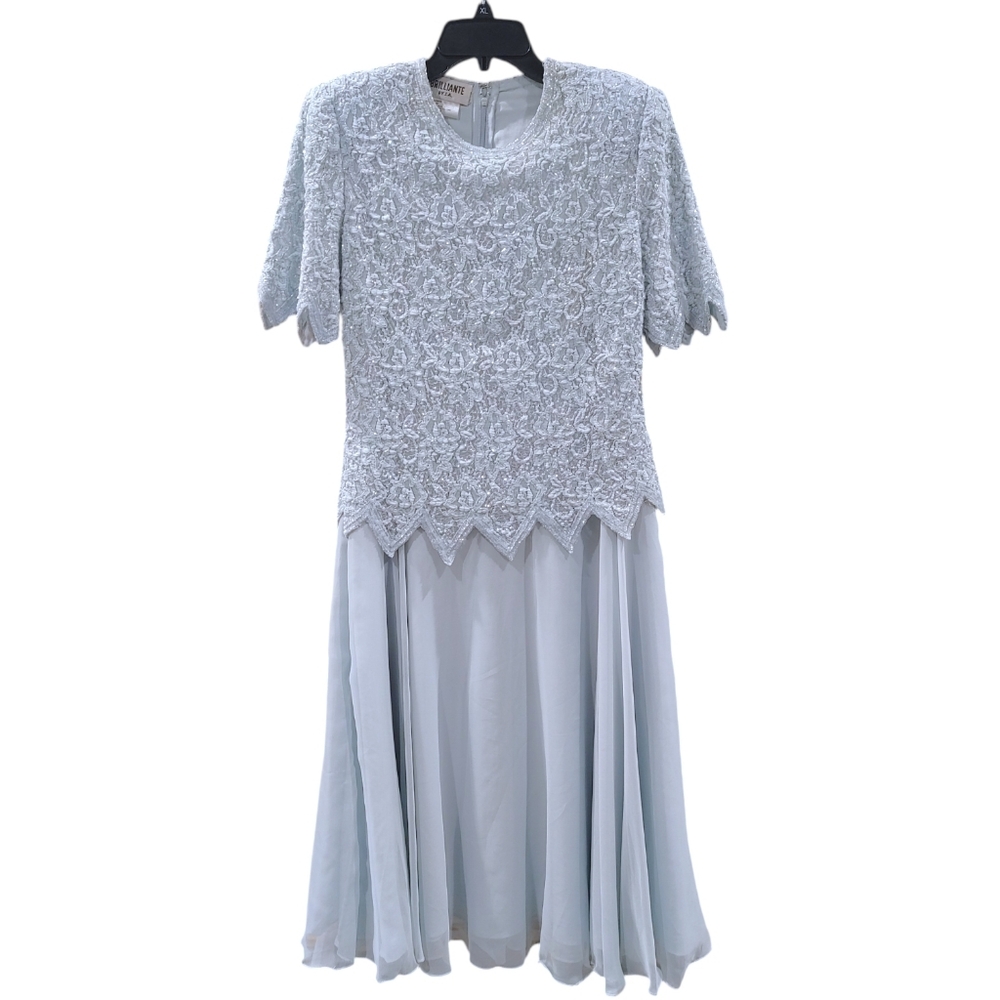 Vintage 1990s Ice Blue Beaded Short Sleeve Party Event Dress Women's Size Large